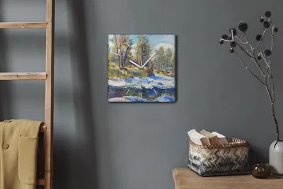 Produktbild von Coloray Hodiny Unikátní 30x30 cm  Tiché hodiny Pro obývací pokoj a kuchyň Nástěnné hodiny Plátno Bílé ručičky hodin - Zimní příroda na sněhovém lese