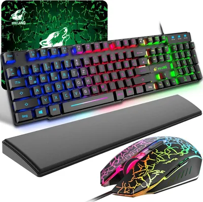 Produktbild von QWERTZ Deutsches Layout Regenbogen LED Hintergrundbeleuchtung Ergonomische Keyboard 6 Tasten 2400 DPI Maus und Mauspad für Windows Mac PS4, Schwarz