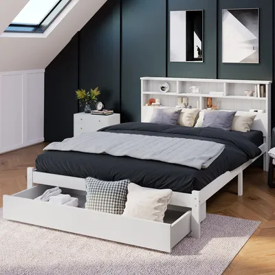 Immagine prodotto di Letto matrimoniale Merax 140x200cm in legno massiccio con cassetti, libreria e rete a doghe, letto classico di alta qualità letto per bambini letto in legno per adolescenti e adulti, bianco
