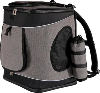 A gray and black pet backpack is shown against a white background.