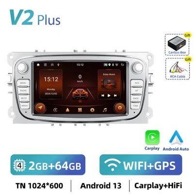 Image de Pour Ford Focus 2012 - Autoradio Android 2-DIN - CarPlay - Android 13 - 2 Go de RAM, 64 Go de ROM - Écran tactile de 17,8 cm (1024 x 600) - GPS, RDS - Argent