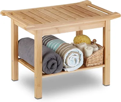 Image de Banc de salle de bain - Bambou - Chaussures - Serviettes - Banc de siège - Tabouret - 45 x 66 x 40 cm - Meuble de salle de bain - Naturel