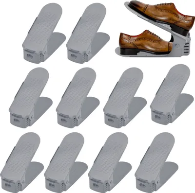Produktbild von LARS360 10 Stück Einstellbare Schuhregale rutschfest Schuhhalter 3 Höhenverstellbar PP Doppelschicht Schuhstapler Set Platzsparend Schuhaufbewahrung(Grau)