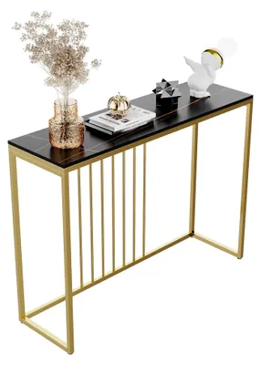 Produktbild von Konsolentisch Marmor Gold Schmal: Skandinavischer Eingangstisch mit goldenem Metallgestell - Flurtisch für Schlafzimmer und Wohnzimmer 100×30×79cm Schwarz