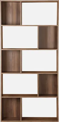 A multi-compartment bookshelf with a wood grain finish and white inserts.