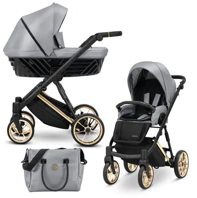 Image de Poussette IVENTO Poussette de sport Poussette de bébé Coque complète Set de poussette pour enfants 2 en 1 (eco grey metalic, couleur du cadre : or)