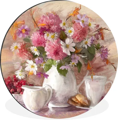 Produktbild von MuchoWow® Aluminium Wandkreis Gemälde - Blumen - Vase - Ölfarbe Ø 60 cm Wanddeko Modern Wohnzimmer - Wand Kreis - Wandbild - Schlafzimmer - Aluminium Bild - Kinderzimmer - Wohnzimmer Dekoration - Wandschmuck