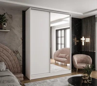 Produktbild von Moderner 2-türiger Kleiderschrank mit Schiebetüren in Weiß 100x58x250 cm – mit Spiegel – für Schlafzimmer, Flur und Ankleidezimmer