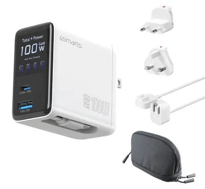Productafbeelding van 4smarts GaN Flex Screen AI oplader, 100W, 2 USB-C + 1 USB-A, wit, Travel Edition