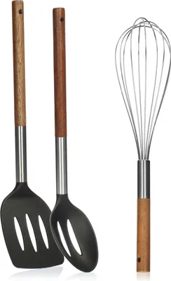 Produktbild von COM-FOUR® 3-teiliges Küchenhelfer-Set - Kochbesteck mit Pfannenwender, Schneebesen und Schaumlöffel - Kochutensilien mit Holzgriff