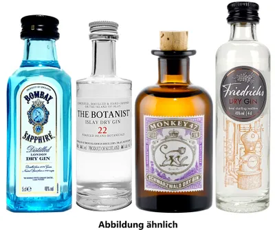 Produktbild von Gin mini 4er Set - Bombay Sapphire London Dry Gin 50ml (40% Vol) + Monkey 47 Schwarzwald Dry Gin 50ml (47% Vol) + The Botanist Islay Dry Gin 50ml (46% Vol) + Friedrichs Dry Gin 4cl (45% Vol)