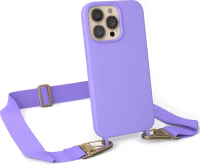 Produktbild von EAZY CASE Handykette Silikon mit Clips 2 in 1 kompatibel mit Apple iPhone 13 Pro Handyhülle mit Kordel, Hülle mit Band, Kette, Lila - Clips Gold