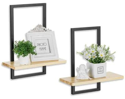 Image de Étagère murale carrée en métal noir : lot de 2 étagères murales suspendues modernes en bois pour le salon, la chambre ou un coin – Petites étagères murales pour plantes