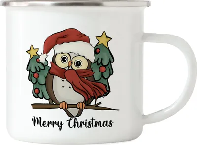 Produktbild von Merry Christmas Emaille-Tasse Geschenkidee Eule-Fans Süßes Motiv für Weihnachten für Familie Freunde