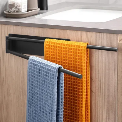 Produktbild von Handtuchhalter ohne Bohren 2-Armig Schwenkbar 180° Selbstklebend Handtuchstange Edelstahl Matt Doppelter Handtuchhalterung Wandmontage für Bad & Küche Schwarz