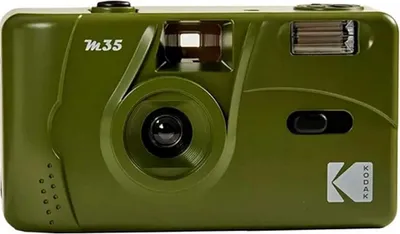 A close-up front view of a green Kodak M35 film camera.