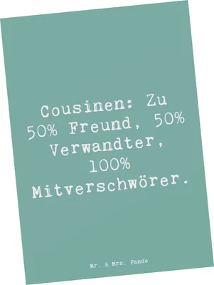 Produktbild von Mr. & Mrs. Panda Postkarte Spruch Cousin Mitverschwörer - Meeresbrise - Geschenk, Cousine, Fotokarte, Grußkarte, Familie, bildkarte, Postkarten, Freude, Verwandtschaft