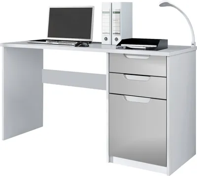 Produktbild von Vladon Schreibtisch Logan, Germany, Bürotisch mit 2 Schubladen und 1 Tür, Weiß matt/Hellgrau Seidenmatt (129 x 76 x 60 cm)