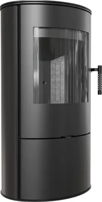 A black modern wood-burning stove with a glass door.