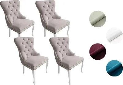 Zdjęcie produktu dla Krzesło Chesterfield Madame 2 (4 sztuki) - eleganckie krzesło tapicerowane w stylu glamour, jasnoszary welur, białe drewniane nogi, wygodne siedzisko