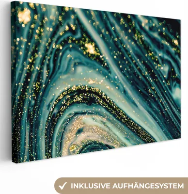 Produktbild von MuchoWow® - Leinwandbilder - Marmoroptik - Luxus - Gold - Türkis - Glitzer, Wandbild, Wanddeko Bilder Wohnzimmer, 90x60cm