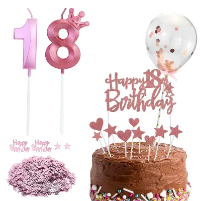 18. Geburtstag Torte-Dekoration, rosa, mit 2 Zahlenkerzen & Konfetti
