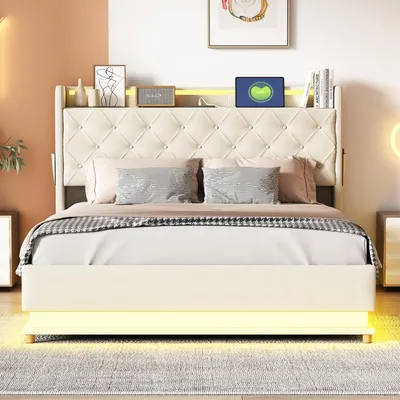 Image de OKWISH Lit Coffre 140x200 cm - Lit Capitonné avec LED et Port USB, Coffre Hydraulique - Beige, Sans Matelas