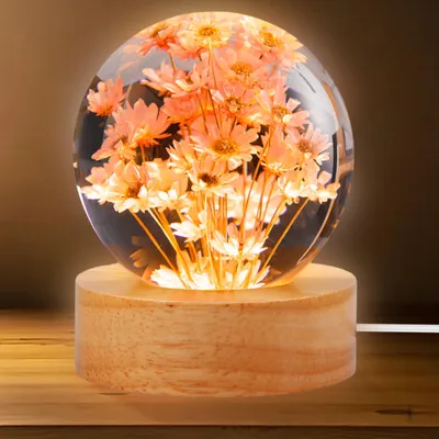Produktbild von GOMETY 3D Blume Kristall Kugel Nachtlicht, 6 cm Glaskugel-Nachtlampe mit USB Holzsockel Gänseblümchen Ewige Blume für Zuhause Tischdekorationen Geschenke