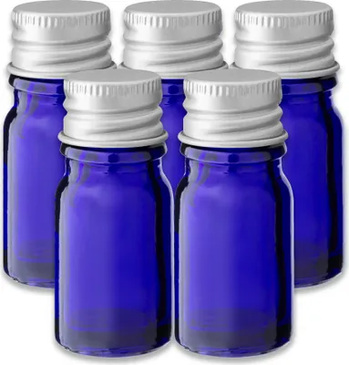 Produktbild von 5x Blaue Glasflasche 5 ml mit silbernem Aluminium Schraubverschluss
