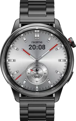 A close-up studio shot of a Realme Watch S2 smartwatch with a metallic band and a silver watch face.