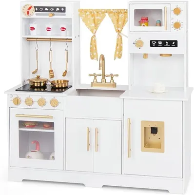 Imagen del producto de Cocina de madera para niños, cocina de juguete con fregadero, grifo, estufa, dispensador de agua, microondas, luces y sonidos, cocina de juguete con accesorios para niños a partir de 3 años