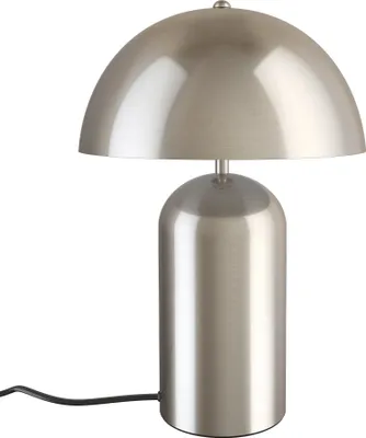 A silver-colored table lamp with a mushroom-shaped shade and a cylindrical base, shown against a white background.