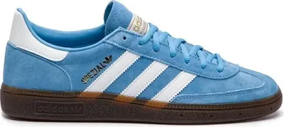 A side view of a blue Adidas sneaker with white stripes and a brown sole.