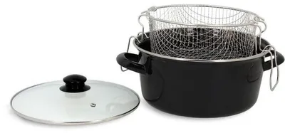 Zdjęcie produktu dla MENASTYL, tradycyjna frytkownica, 26 cm, czarny emaliowany stal, kosz ze stali nierdzewnej, szklana pokrywa z otworem na parę, przeznaczona do wszystkich rodzajów kuchenek, w tym indukcyjnych