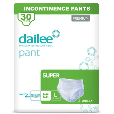Zdjęcie produktu dla Dailee Pants Super L - 30x pieluchomajtki dla dorosłych - majtki na nietrzymanie moczu dla mężczyzn i kobiet - 7 kropli, rozmiar Large - 2 opakowania