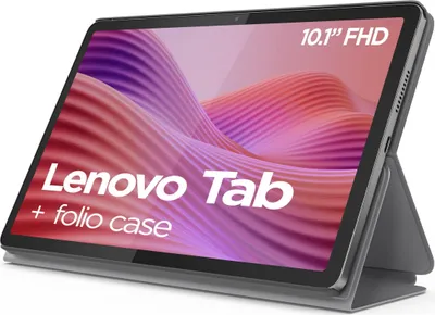 A Lenovo tablet with a folio case is shown at an angle, displaying its screen and features.