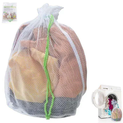 A white mesh laundry bag filled with clothes, shown against a white background. A small inset image shows a washing machine.
