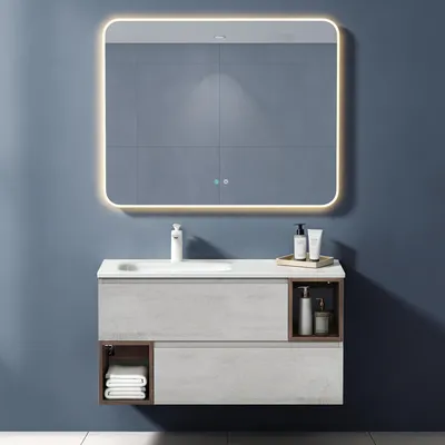 Produktbild von doporro Badmöbel-Set Badezimmerschrank Waschplatz 100x48x54cm inkl. Mineralguss-Waschbecken Waschbecken-Unterschrank Wandmontage und LED-Spiegel Gemini