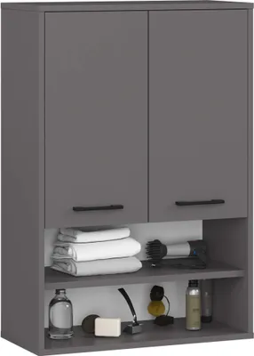 A gray bathroom wall cabinet with two doors and open shelves displaying towels, a hairdryer, soap, and bottles.
