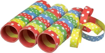 Immagine prodotto di 3 festoni di carta a punti colorati rosso, giallo, blu, verde