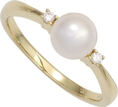 Produktbild von Ring Damenring Süßwasser Perle weiß & 2 Diamanten Brillanten 585 Gold Gelbgold Innenumfang 50mm  Ø15.9mm
