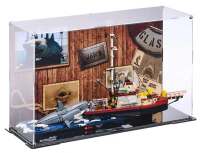 Produktbild von Blacked Brick Vitrine mit bedruckter Rückwand für LEGO® 21350 Ideas – Der weiße Hai