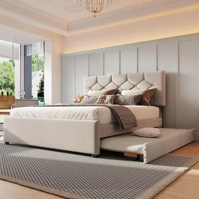 Obrázok produktu pre Merax čalúnená posteľ 140x200 cm, s výsuvným lôžkom 90x190 cm, lamelový rošt, operadlo s nitmi, manželská posteľ, plochá posteľ, detská posteľ, zamat, béžová
