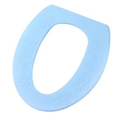 A light blue toilet seat cover with a floral pattern.