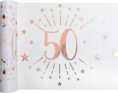 Produktbild von Tischläufer Vlies Weiß Zahl 50 Rosegold 5 m x 30 cm Geburtstag