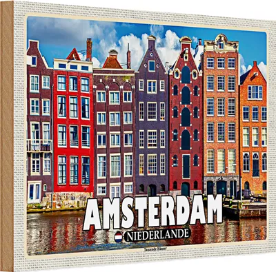 Produktbild von Holzschild Reise 30x20cm Amsterdam Niederlande Tanzende Häuser