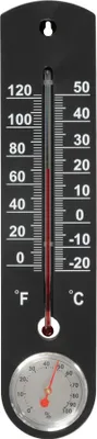 A thermometer and hygrometer mounted on a black background.