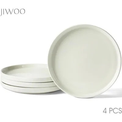 A set of four white ceramic plates stacked on a white background, with the brand name 'JIWOO' in the top left corner and '4 PCS' in the bottom right corner.