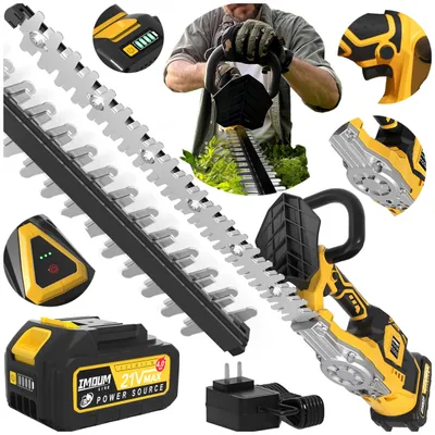A collage of images showing a cordless hedge trimmer, its battery, charger, and a person using it.
