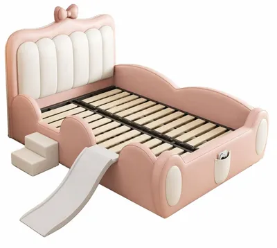 Image de Lit pour enfant Rosa avec barrières de sécurité, équipé d'une toboggan et d'un escalier, idéal pour les filles